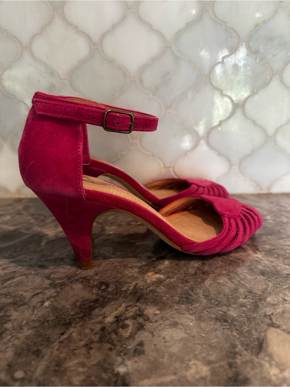 ALDO Fuchsia Suede Ankle-Strap Heels with Heart Accent - Picture 5 of 13